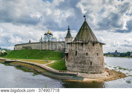 View Of Krom (kremlin) From Pskova River In Pskov, Russia