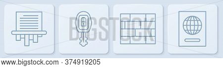 Set Line Paper Shredder, Bricks, Car Key With Remote And Passport. White Square Button. Vector