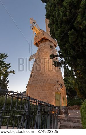 Jerusalem, Israel, June 26, 2020 : The Famous Montefiore Windmill Built In 1857, Now With Neighborho