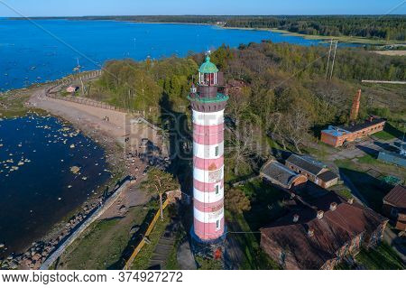 Old Shepelevskiy Lighthouse Close-up On A Sunny May Day (aerial Photography). Leningrad Region, Russ