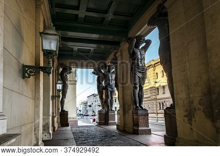 Saint-petersburg.russia.june 17, 2020.atlanteans At The Building Of The New Hermitage In St. Petersb