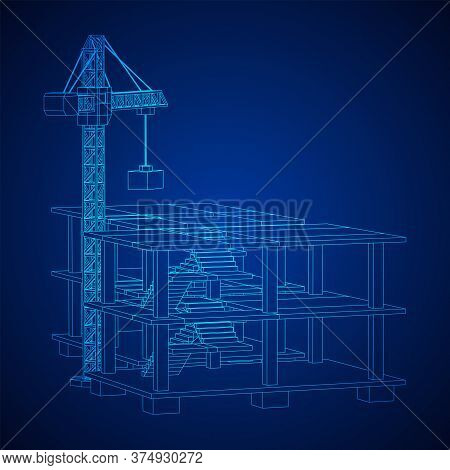 Building Under Construction With Crane. Build House Construct In Process. Wireframe Low Poly Mesh Ve