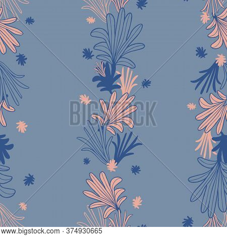 Vector Pink Blue Leaves Petals Seamless Pattern