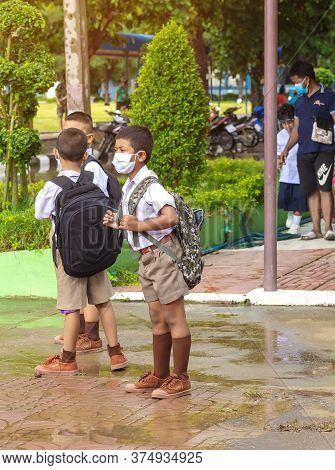 Kanchanaburi,thailand-july 2,2020:thai Students Wear Various Medical Masks To Prevent Themselves Fro
