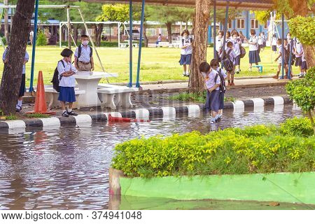 Kanchanaburi,thailand-july 2,2020:thai Students Wear Various Medical Masks To Prevent Themselves Fro