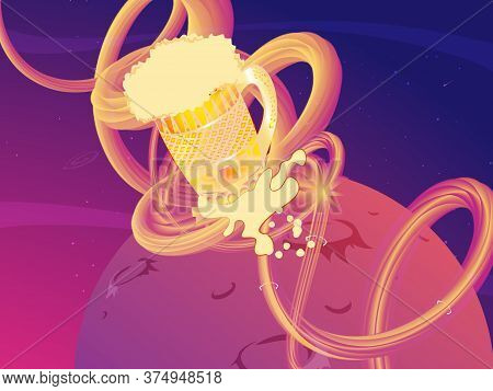 Illustration Of A Beer Mug With Rocket Burners Blasting Off To Space With Stars And Planet In The Ba