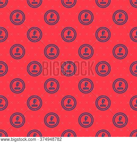 Blue Line Rouble, Ruble Currency Coin Icon Isolated Seamless Pattern On Red Background. Russian Symb