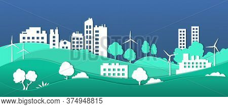 Paper Cut Eco City. Smart City Ecosystem Sustainable By Green Energy, Environmental Protection And R