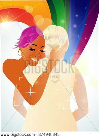 Lesbian Couple. Portrait Of Gay Activist Woman Flirting With Ordinary Woman. Homosexual Romantic Par