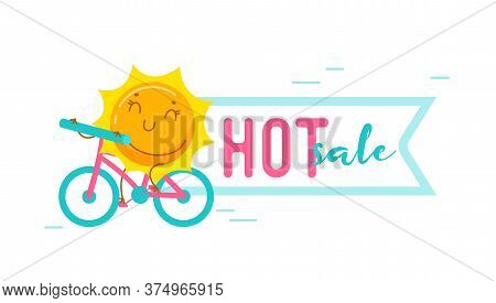 Hot Summer Sale Banner With Kawaii Sun Personage Riding Bicycle Isolated On White Background. Cute C