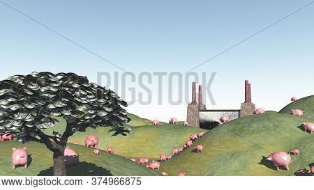 Pigs move like lemmings toward factory. 3D rendering