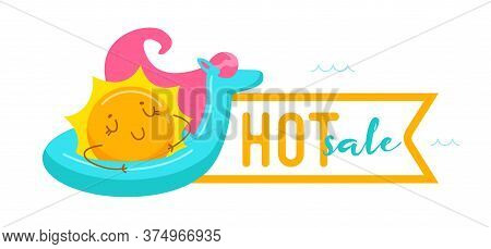 Hot Sale Banner With Kawaii Sun Character Floating On Inflatable Unicorn Mattress. Cute Cartoon Pers