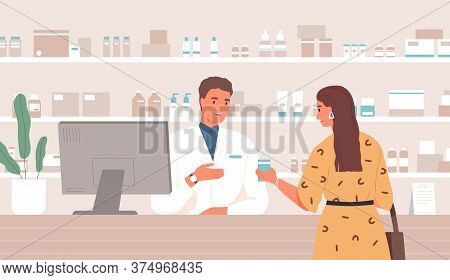 Smiling Male Pharmacist Consulting Female Customer Standing At Counter In Pharmacy Vector Flat Illus