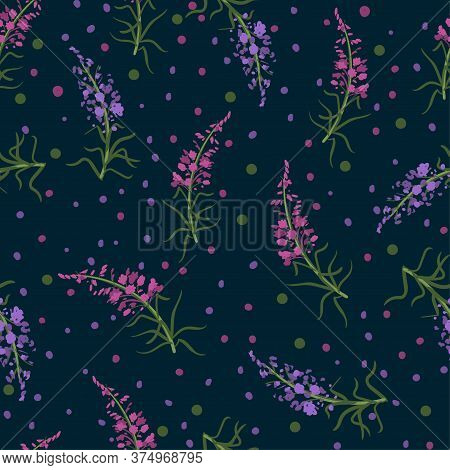 Seamless Floral Pattern With Branches Of Fireweed Flowers. Ivan Chai. Hand Drawn Botanical Illustrat