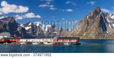 Hamnoy Village on the Lofoten Islands, Reinefjord,  Norway. Panoramic Shot,  Mountain In Background