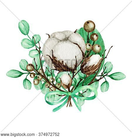 Watercolor Cotton Bouquet. Botanical Hand Drawn Eco Wedding Card Illustration. Cotton Flowers Buds B