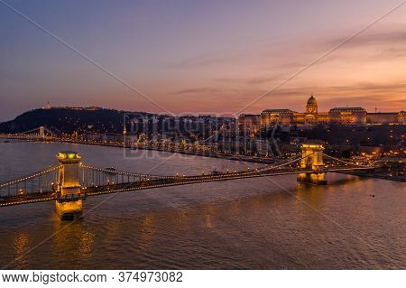 Aerial Drone Shot Of Buda Castle On Buda Hill During Budapest Sunset