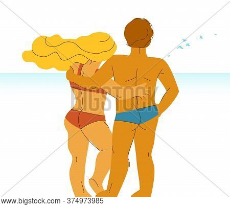 Couple In Love Standing On Seashore Beach And Watching The Sea Vector Illustrations, Husband And Wif