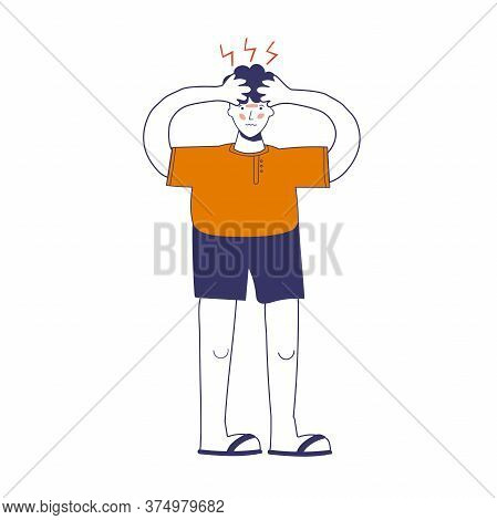 A Person Having A Headache, Migraine. Overheat. Magnetic Storms. Weather Dependence. Vector Illustra
