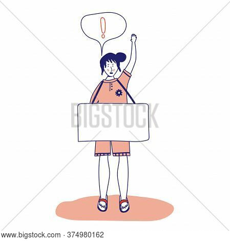 Woman Holding A Poster, Protesting Activist, Workers Strike. Worker Holds A Blank Banner, Takes Part