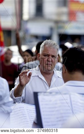 Salvador, Bahia / Brazil - June 28, 2019: Fred Dantas, Conductor Is Seen Conducting An Orchestra On 