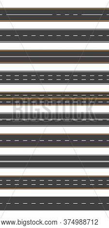 Straight Asphalt Road. Seamless Horizontal Highway. Street In City For Car. Path With Two Lanes And 