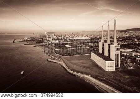 Besos thermic power plant aerial view in Barcelona coast Spain.