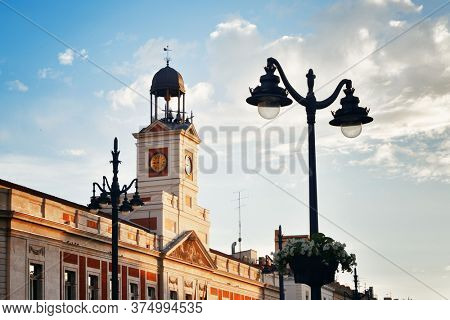 Bell tower of Royal House of the Post Office (Real Casa de Correos) in Puerta del Sol in Madrid, Spain.