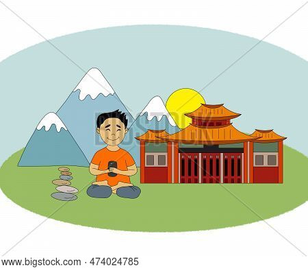 Horizontal Illustration. Cute Asian Smiling Man Sitting With Phone On Green Meadow Against Mountain,