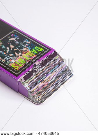 Novosibirsk, Russia -  April 03, 2023:    Photo Cards Of Popular South Korean Boy Band Bts. Kpop Mer