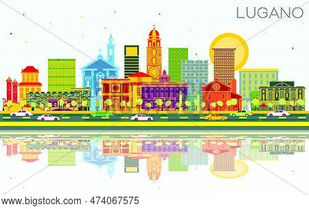 Lugano Switzerland Skyline With Color Buildings, Blue Sky And Reflections. Vector Illustration. Busi