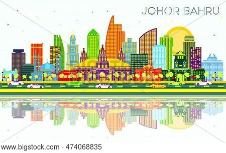 Johor Bahru Malaysia City Skyline With Color Buildings, Blue Sky And Reflections. Vector Illustratio