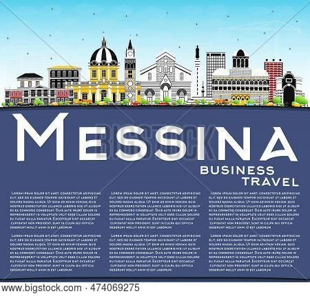 Messina Sicily Italy City Skyline With Color Buildings, Blue Sky And Copy Space. Vector Illustration