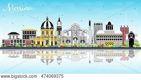 Messina Sicily Italy City Skyline With Color Buildings, Blue Sky And Reflections. Vector Illustratio