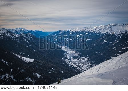 Great View Of The Pinzolo From Ski Resort In Winter Time. January 2023, Italy.