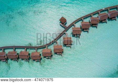 Luxury Overwater Villas From Above. Aerial Drone Picture. Crossroads Maldives, Saii Lagoon Hotel. Ju