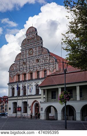Stargard Szczecinski, Poland - September 12, 2021: Frontal Facade Of A Medieval 
Citi Hall, One Of T