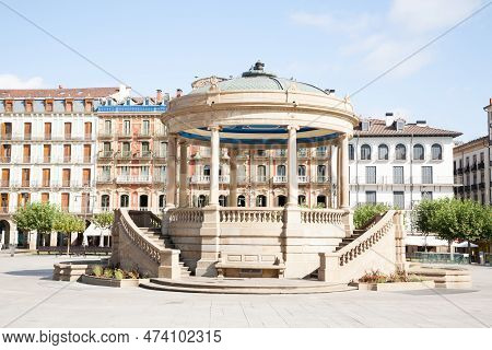 Pamplona City Center, Castle Plaza View, Spain. Pampeluna Landmark. Architecture