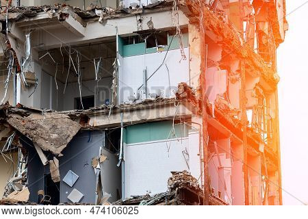 Dismantled Old Building. Half Demolished House, Dismantling Of The Old One For The Construction Of A
