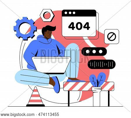 Page Not Found Concept. Sad Man With Laptop Entered Wrong Website Or Webpage Address, Error 404. Tec