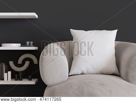 White Square Pillow In Modern Room. Blank Cushion Case Template For Your Graphic Design Presentation