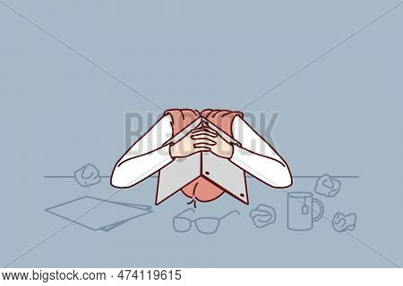 Tired Female Office Worker Hiding Head Under Laptop Suffering From Stress And Burnout Or Overwork. B