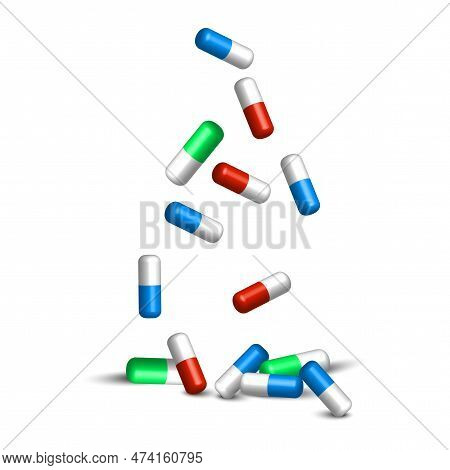 Falling Capsules Tablets For Medical Design. Vector Illustration.