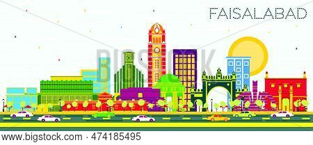 Faisalabad Pakistan City Skyline With Color Buildings And Blue Sky. Vector Illustration. Business Tr