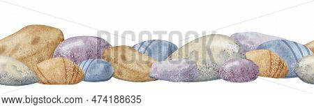 Seamless Border With Seabed Stones On Isolated Background. Hand Drawn Watercolor Pattern With Sea Fl