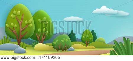 Summer Landscape 3d Illustration. Natural Background With Green Trees, Bushes And Pathway In Cartoon
