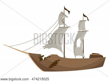 Broken Ship Icon. Cartoon Wooden Battered Ship With Tattered Flag And Sails After Wreck Or Attack. D