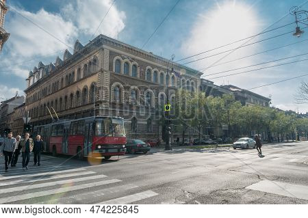 Budapest, Hungary - October 26, 2015: Traffic In Budapest With Cars And Trolley Ikarus