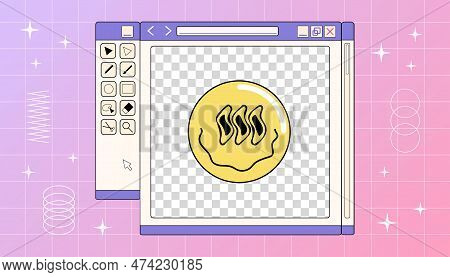 A Computer Window Of Retro Graphic Redactor With Smiling Face On A Gradient Background, Vector Y2k I