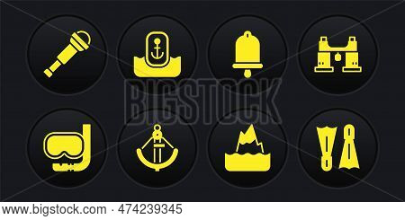 Set Diving Mask And Snorkel, Binoculars, Anchor, Iceberg, Ship Bell, Location With Anchor, Flippers 